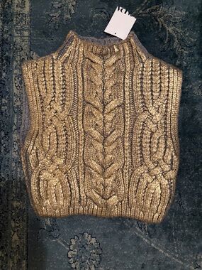 Zara Metallic Gold Cable Knit Sleeveless Sweater Vest